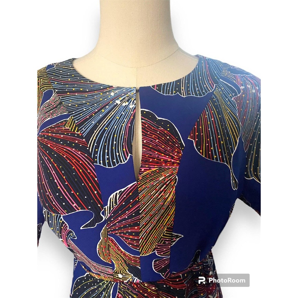 Trina Turk Floral Art Shift Blue Multicolor Flowers Ruffle Midi Dress Sz 4